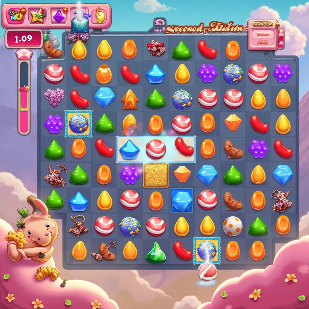Screenshot van Candy Crush Saga met kleurrijke snoepjes en puzzels